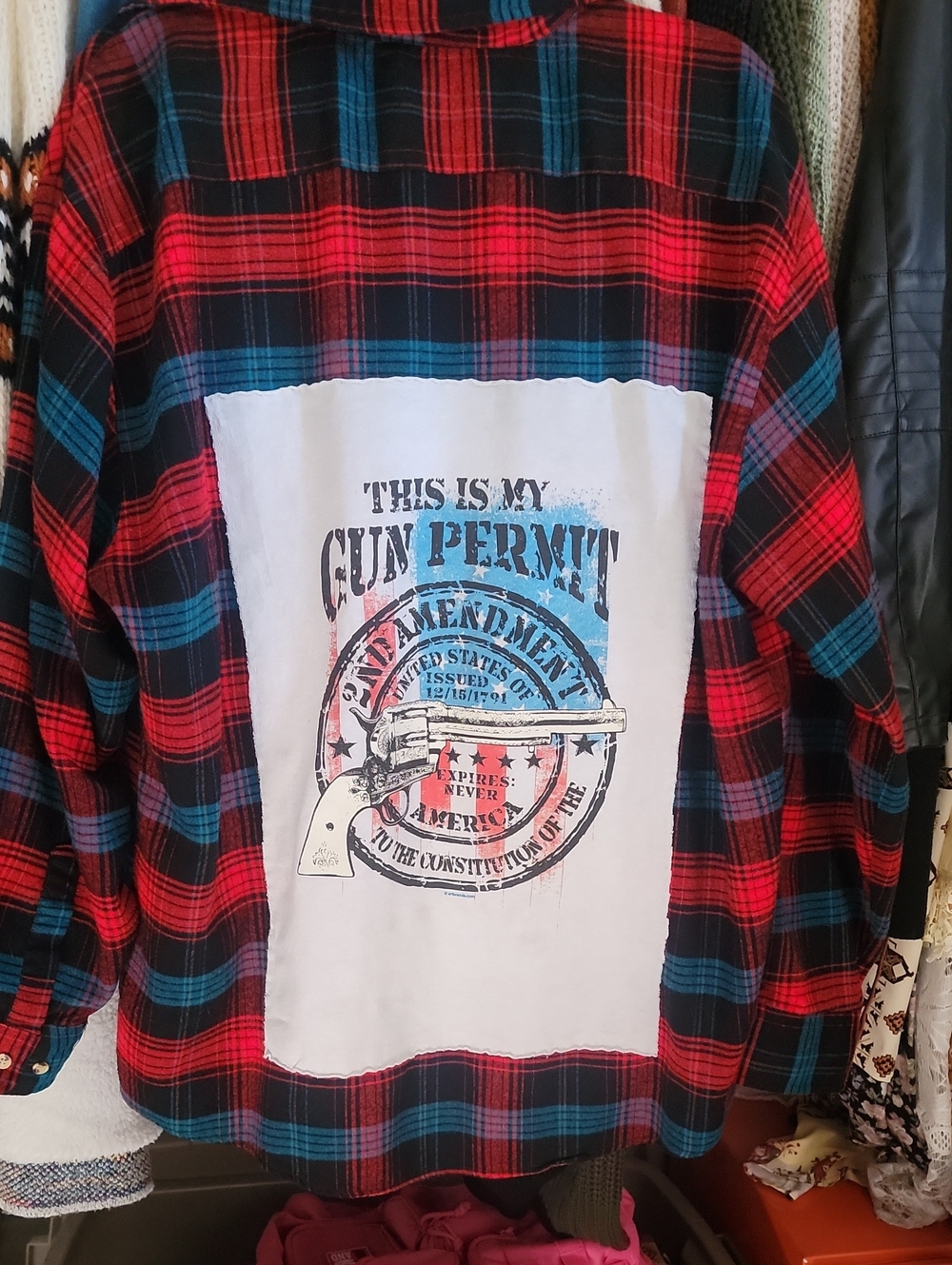 Red & Teal Plaid Button-Up Shirt with Graphic Back